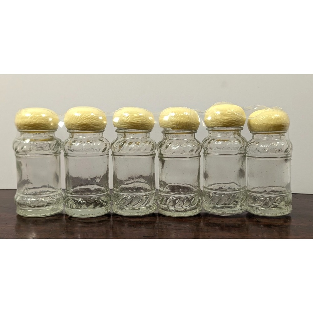 HP Vintage Set of 6 Glass Spice Jars Mushroom Lids Cream Clear Kitchen Storage
